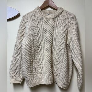Vintage CARBERY 100% Irish Wool Ivory Cream Fisherman Pullover Crewneck Sweater